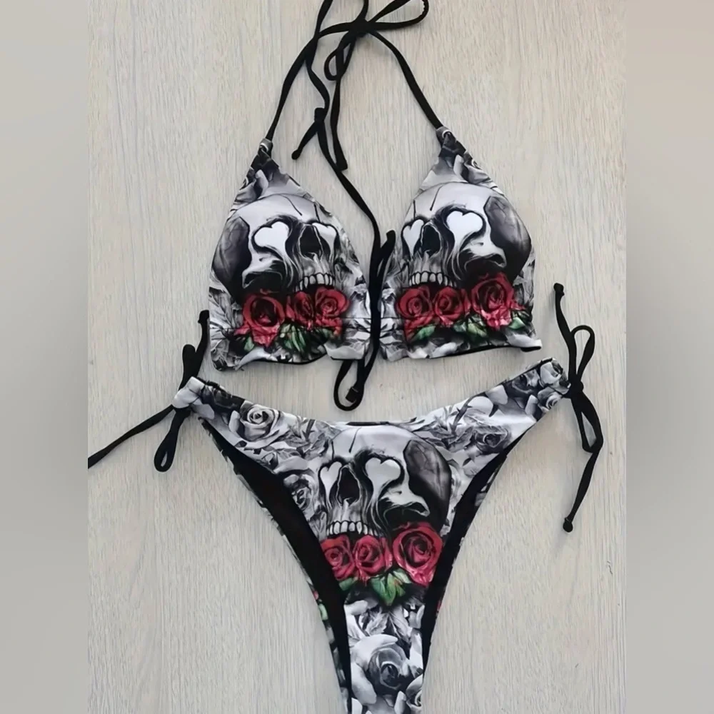 Skull Roses Triangle Halter Side Tie Bikini Set